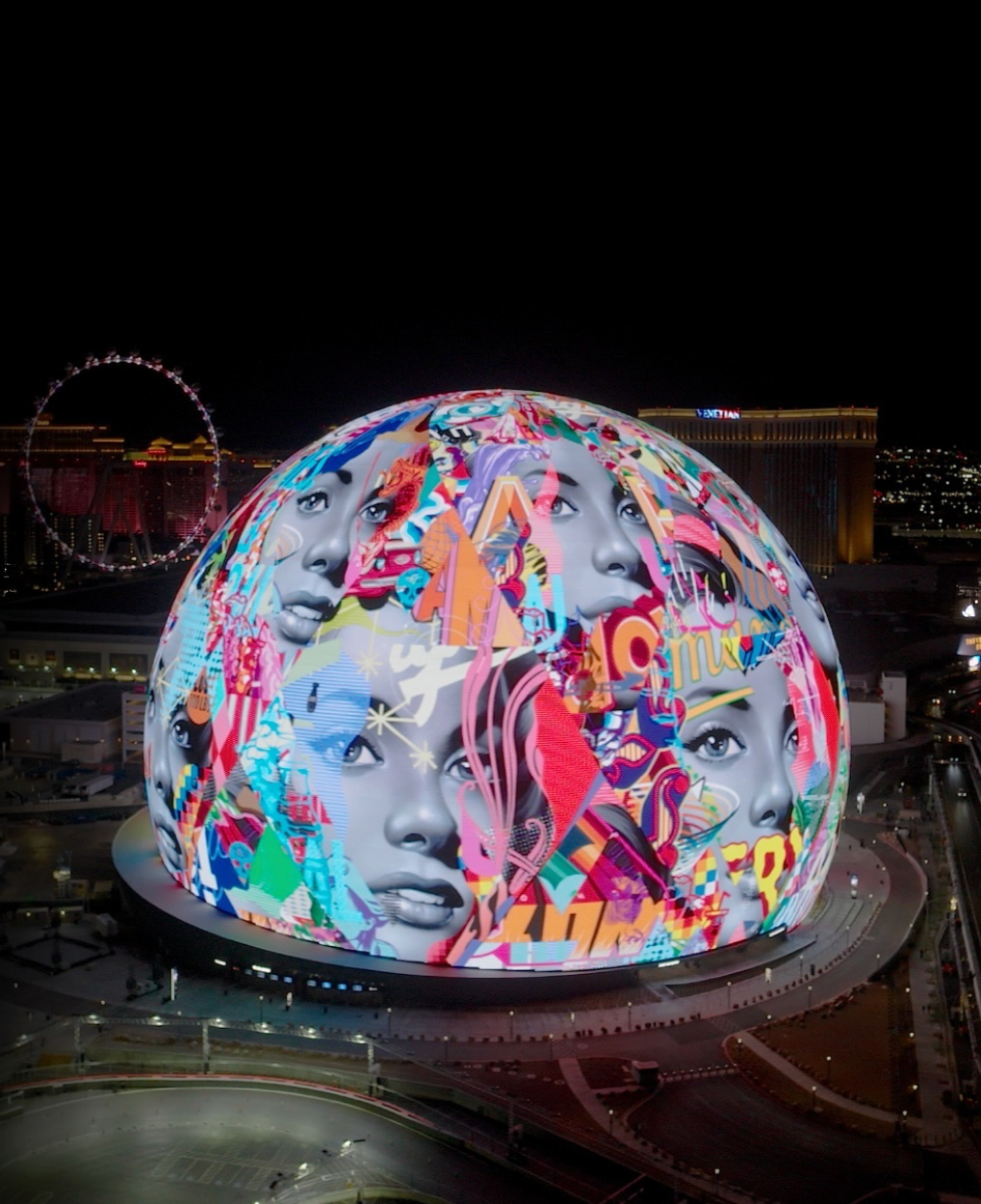 Tristan Eaton's artwork displayed on the Sphere, Las Vegas